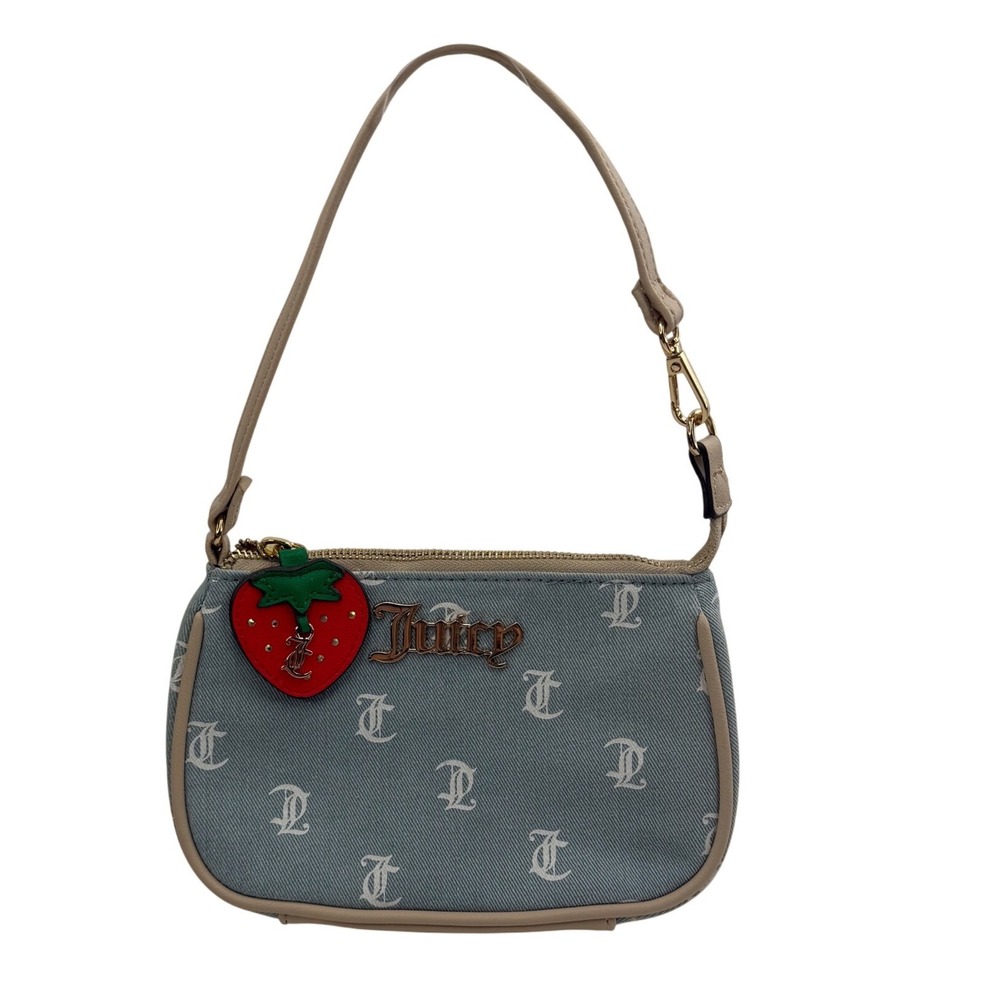 Juicy Couture Monogram Denim Baguette Bag Blue Strawberry Rhinestone Y2K Retro